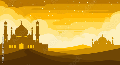 Golden desert landscape with silhouetted mosques under a starry, cloudy sky, evoking a serene Islamic atmosphere.