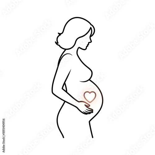 Elegant Line Art Drawing of a Pregnant Woman in Profile with a Soft Pink Heart Shape Representing the Unborn Baby Connection