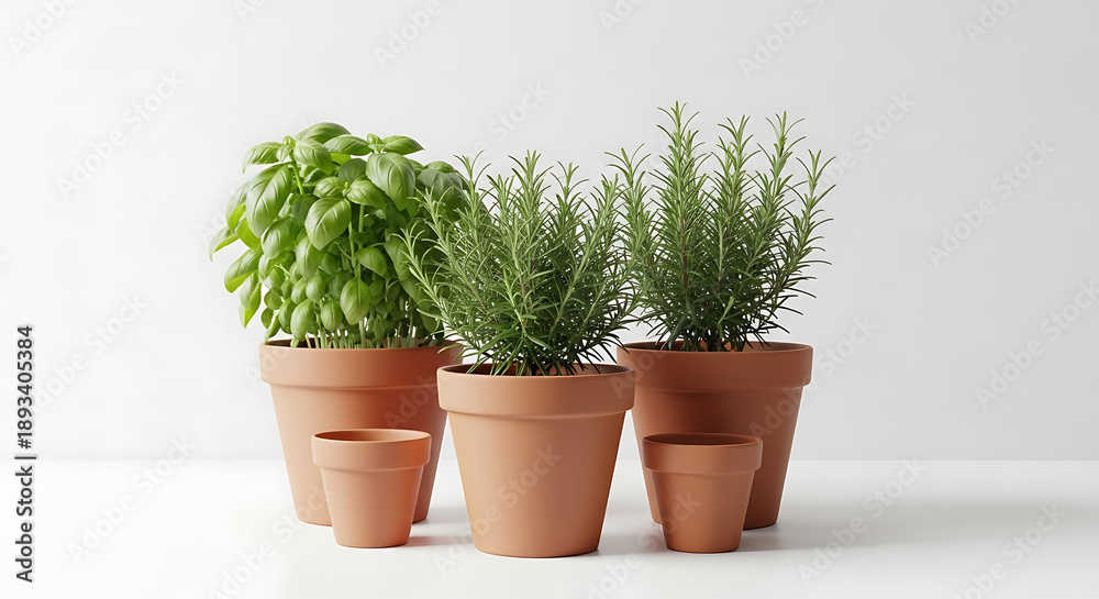 Fototapeta premium A collection of potted culinary herbs including vibrant basil and fragrant rosemary displayed in simple terracotta containers representing fresh kitchen gardening concepts.