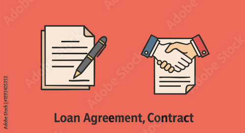 Contract Signing and Loan Agreement Illustration. Business Handshake, Legal Document, and Pen. Partnership Deal Vector Art.