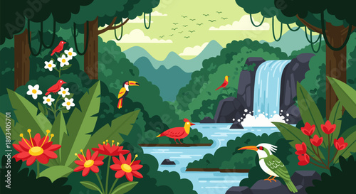 Vibrant Jungle Waterfall Vector Illustration with Exotic Birds and Lush Foliage, a Serene Tropical Landscape Scene