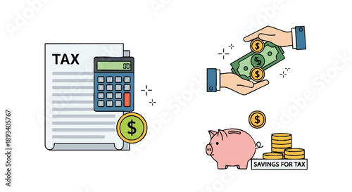 Tax Filing, Payment, and Savings Icon Set. Financial Management, Budgeting, and Calculation Concept Vector Illustration.