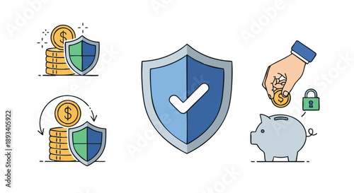 Financial Protection and Savings Security Icon Set. Secure Investment, Money Deposit into Piggy Bank, and Shield with Check Mark Illustration.