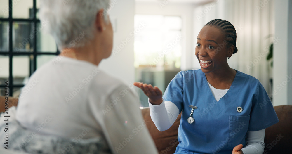 Obraz premium Caregiver, smile and old woman in house with consultation, advice and communication in assisted living. Guidance, client and nurse in home with elderly patient, checkup and help in retirement care.
