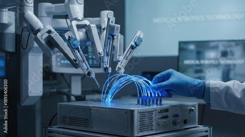 Medical robotic surgery system calibration with fiber optic cables connected by technician in laboratory setting for optimized precision healthcare infrastructure development