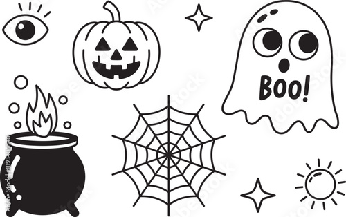 Halloween Doodle Icons Set – Pumpkin Ghost Cauldron Spooky Clipart