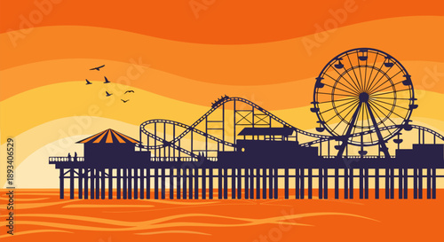 Amusement Pier at Sunset A Vibrant Vector Illustration of a Coastal Boardwalk with Ferris Wheel and Rollercoaster