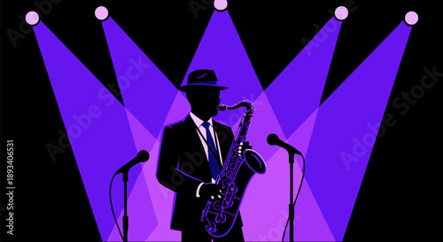 Jazz Musician Playing Saxophone Under Spotlights, Vector Illustration for Music Events
