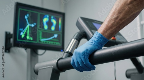 Sports therapist hand in glove monitoring treadmill gait analysis with biomechanical sensor dashboard improves rehabilitation assessment and athletic performance analytics