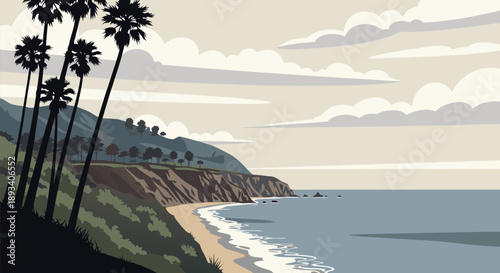 Coastal California Landscape vector illustration with palm trees and ocean waves, a scenic beach view