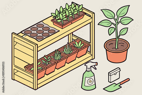 Home gardening setup with potted plants and tools