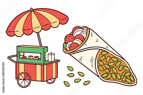 Vibrant food cart with delicious wrap and falafel - street food illustration