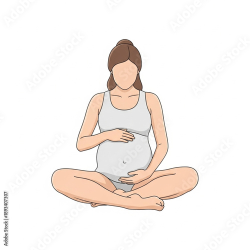 Flat Vector Illustration of a Pregnant Woman Sitting in a Relaxed Lotus Yoga Pose While Holding Her Belly for Wellness and Health