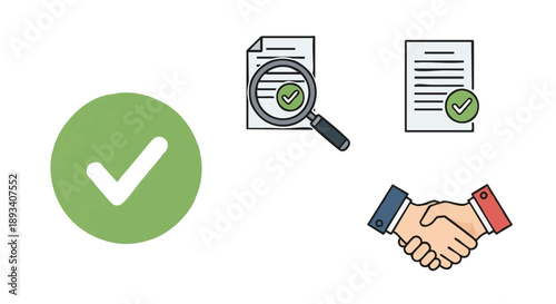 Business deal icons: Handshake, contract approval, verification checkmark. Agreement, compliance, and successful partnership concept vector illustration.
