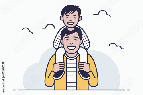 Happy father and son bonding vector illustration: boy riding on father's shoulders, family love and joy concept