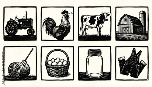 Vintage Woodcut Farm Icons Set - Rustic Agriculture Engravings Collection