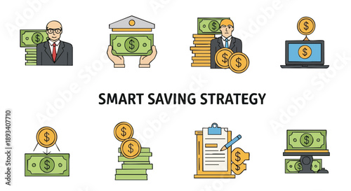 Smart Saving Strategy Icon Set: Finance Management, Investment Planning, Banking, Money Accumulation, and Wealth Line Art Illustration
