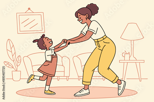Joyful mother and daughter dancing together in a stylish home living room. flat design vector illustration showcasing family bonding and happiness.