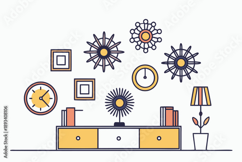 Minimalist vector illustration of a mid-century modern inspired living room interior with wall clocks, abstract art, and furniture, perfect for home decor concepts.