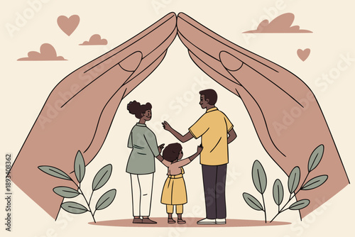 A loving black family illustration with mother, father, and daughter standing under large, protective hands representing care, security, and home protection. vector art.
