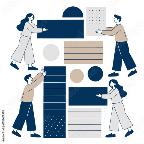 People collaborating on graphic design elements in a modern workspace from a top-down viewpoint