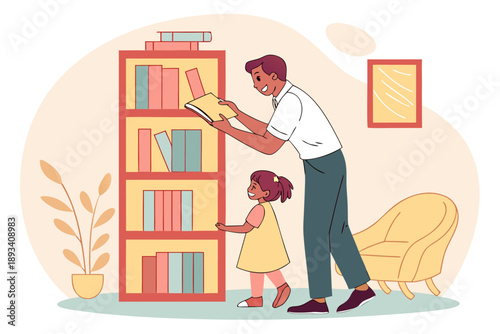Happy father and daughter selecting books from bookshelf at home, promoting family reading and quality time, education vector illustration