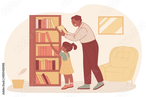 Happy father and little daughter choosing books from bookshelf together. family reading time, learning, and early education concept. cozy home activity vector illustration.