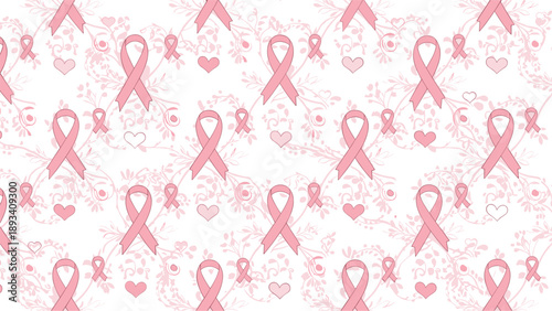 Feminine seamless pattern features pink breast cancer awareness ribbons intertwined with delicate floral swirls and hearts.