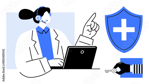 Data security, telemedicine, online safety, medical confidentiality, health solutions, risk management. Woman with a headset, laptop shield and key icon. Data security and telemedicine concept