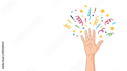 Human hand is raised with a vibrant explosion of colorful confetti, stars, and streamers representing a celebration.