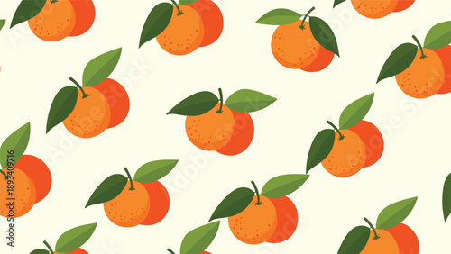 Cheerful seamless pattern showing pairs of ripe oranges with green leaves on a light cream background ideal for summer fashion designs.