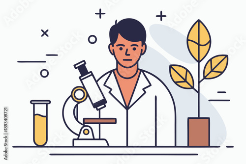 Male scientist conducts botanical research and chemical analysis in laboratory with microscope, test tube, and plant. modern biology and biotechnology vector illustration for education and discovery.