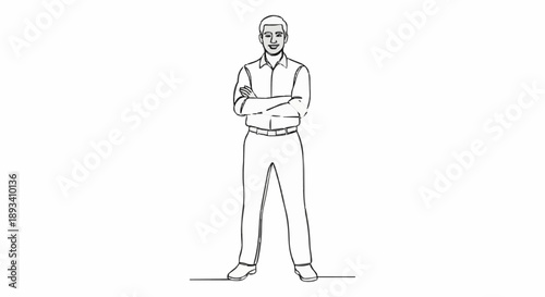 Man standing confidently with arms crossed in a simple line drawing.