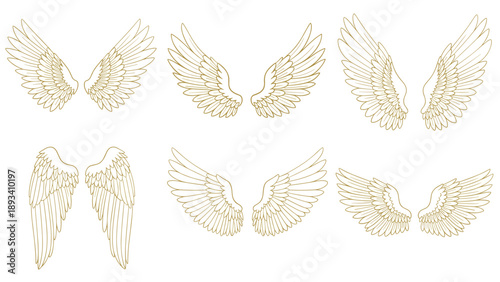 Set of six pairs of elegant golden line-art wings in various feathered styles for sophisticated spiritual and fantasy themed graphic designs.