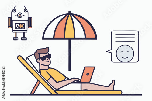 Relaxed man working on laptop under beach umbrella