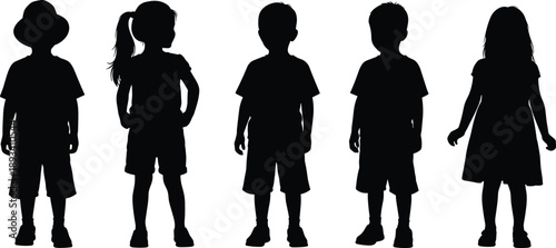 Children silhouettes standing isolated on white background, boys and girls kid figures set, childhood diversity, people shape collection, education, family, community concept illustration
