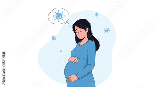 Pregnant woman looking worried while surrounded by floating coronavirus symbols during a global health pandemic.