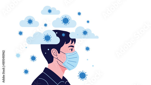 Profile portrait of a man wearing a surgical mask with virus clouds floating above his head during a health crisis.