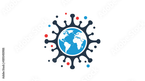 Graphic symbol combining a stylized world globe with a coronavirus structure to represent the global pandemic impact.
