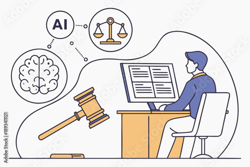 Ai in law and justice system vector illustration. artificial intelligence technology transforming legal practices, smart contracts, digital ethics and regulatory compliance concept.