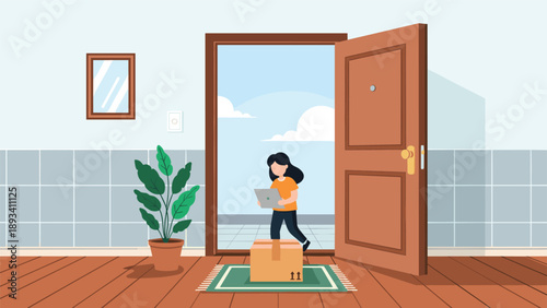 Flat illustration of a modern home hallway with an open door showing a person walking with a laptop near a parcel.