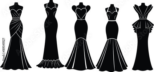 Luxury evening dress silhouettes collection isolated on white background, elegant women gown fashion set, formal couture apparel designs, bridal, party, red carpet illustration