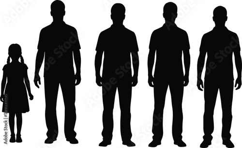 Male and child silhouettes standing together showing human height comparison isolated on white background, people growth scale, family age difference concept illustration