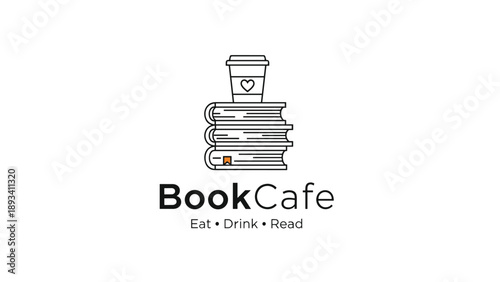 Professional logo for a cozy Book Cafe featuring a stack of books and a takeaway coffee cup with a heart on it.