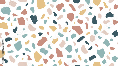 Modern terrazzo seamless pattern with abstract stone fragments in shades of blue, pink, and yellow on a clean white background.