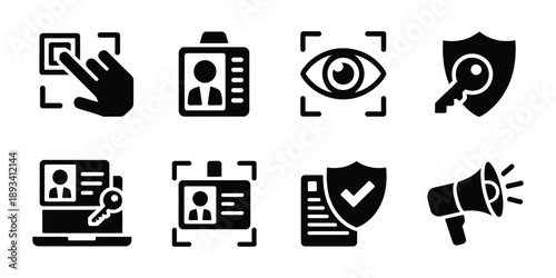 Authentication and Security Icons Illustration, Eye Scan, Shield Protection, Secure Laptop Login, Verified Identity, Access Control and Data Safety.