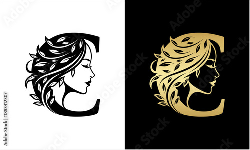 Elegant C Letter Logo with Beautiful Woman Face and Leaf Hair Design.
