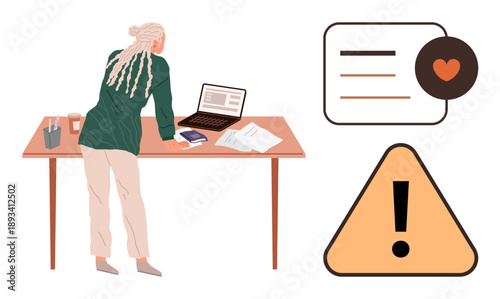 Business productivity, workplace safety, digital notifications, work-life balance, organization, multitasking. Woman reviewing work at a desk. Business productivity and workplace safety
