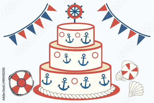 Nautical themed celebration cake vector illustration with anchors, life buoy, and bunting