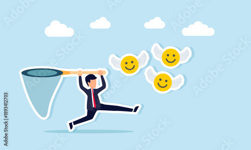 Businessman trying to catch flying smile icons with wings using a net illustration of efforts to gain positive reviews in business